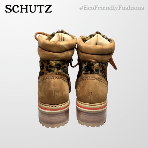 Schutz Keida Womens Brown Lug Sole Leopard Calf Hair Trim Hiking Boots Size 6.5B - Picture 3 of 7